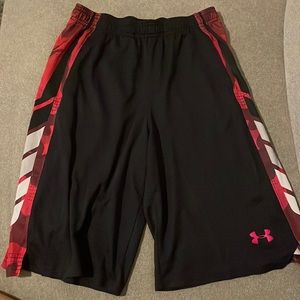 Youth basketball shorts, size large, Under Armor, black pink grey white